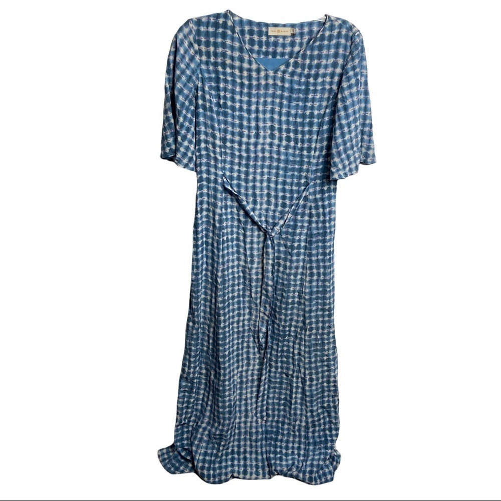 Tory Burch Size 6 Silk Blue Maxi Dress Short Sleeves V-neck Tie Front